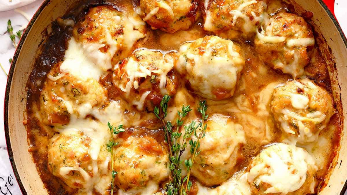 meatball recipes - Chef Jar's Baked French Onion Meatballs