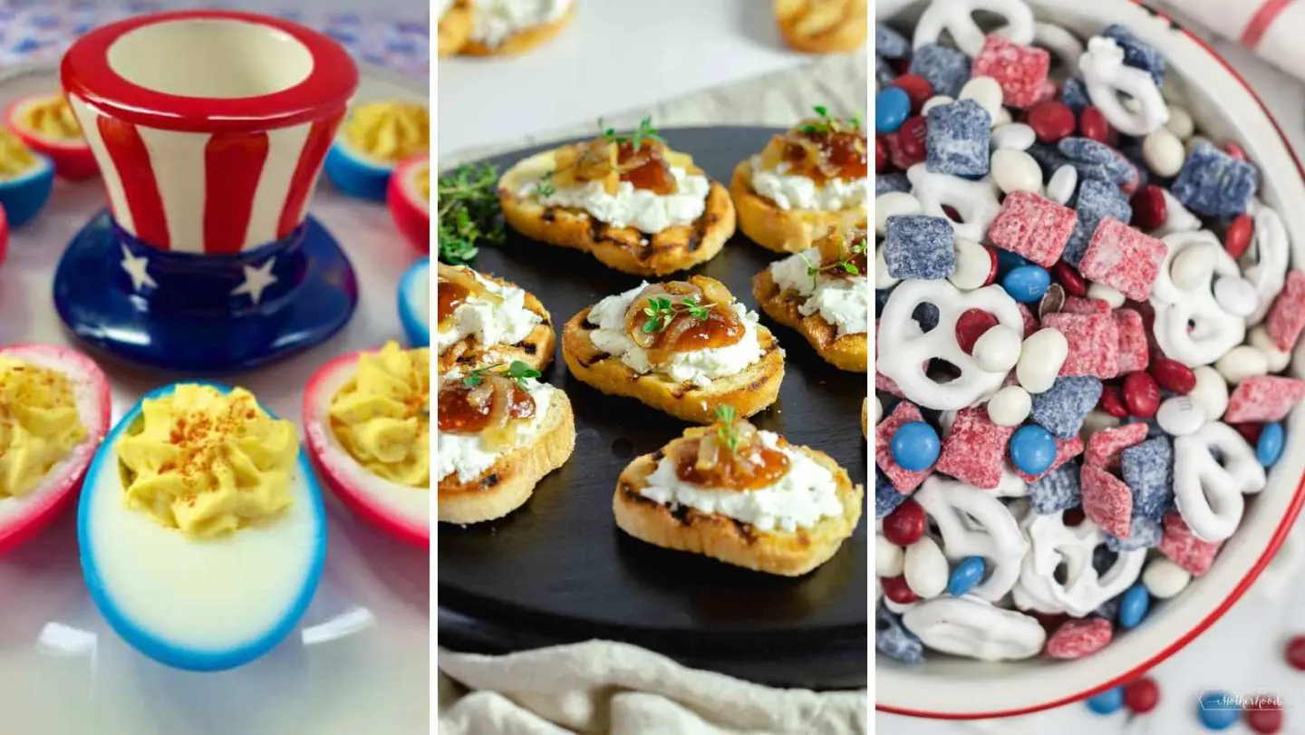 4th of july foods - deviled eggs, fig jam crostinis, and red white and blue snack mix