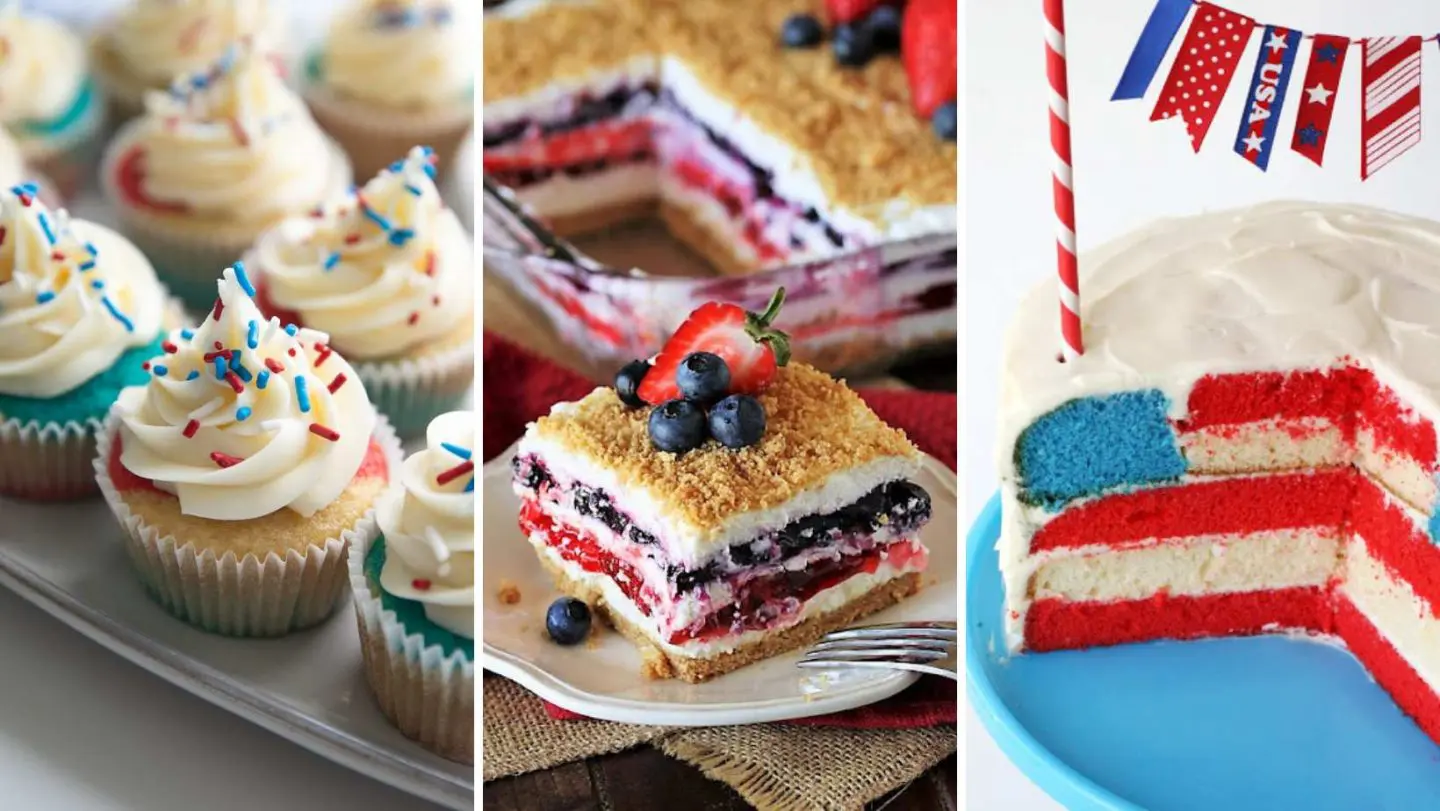 4th of july foods - cupcakes, mixed berry yum yum, and flag cake