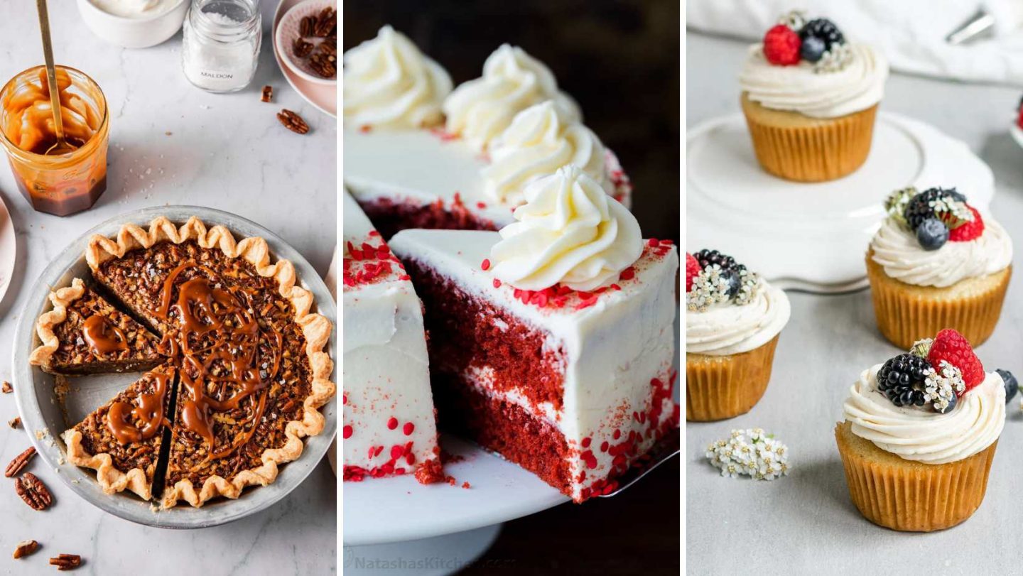 4th of July Desserts - pecan pie, red velvet cake, vegan vanilla berry cupcakes