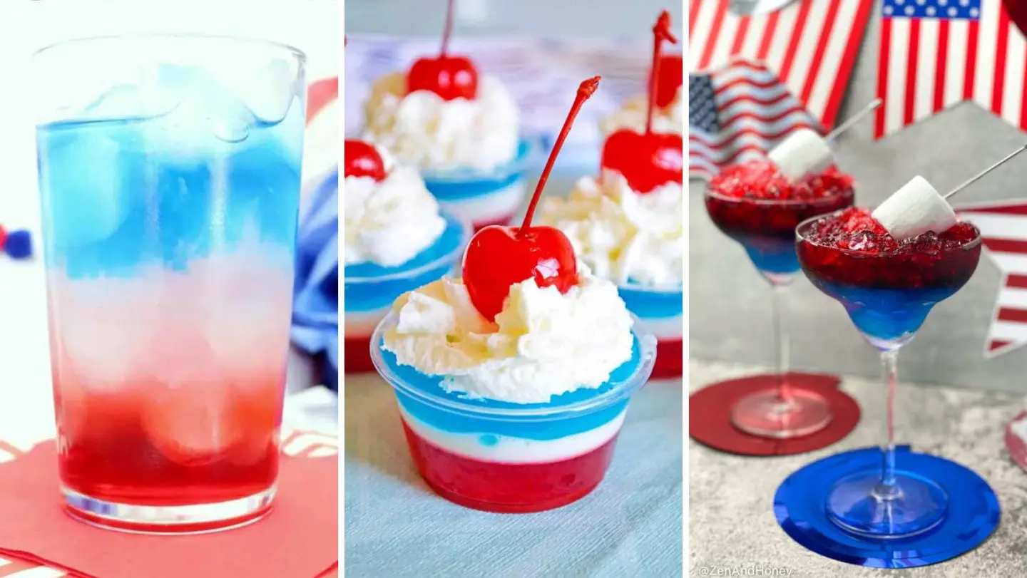 4th of july foods - red white and blue layered cocktail, jello shots, and margaritas
