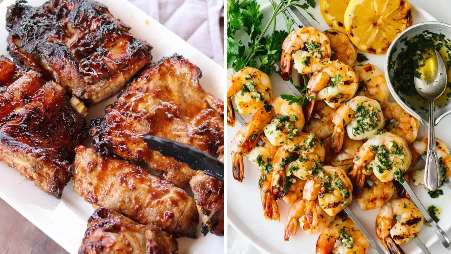 4th of july foods - grilled bbq pork ribs, and grilled shrimp skewers