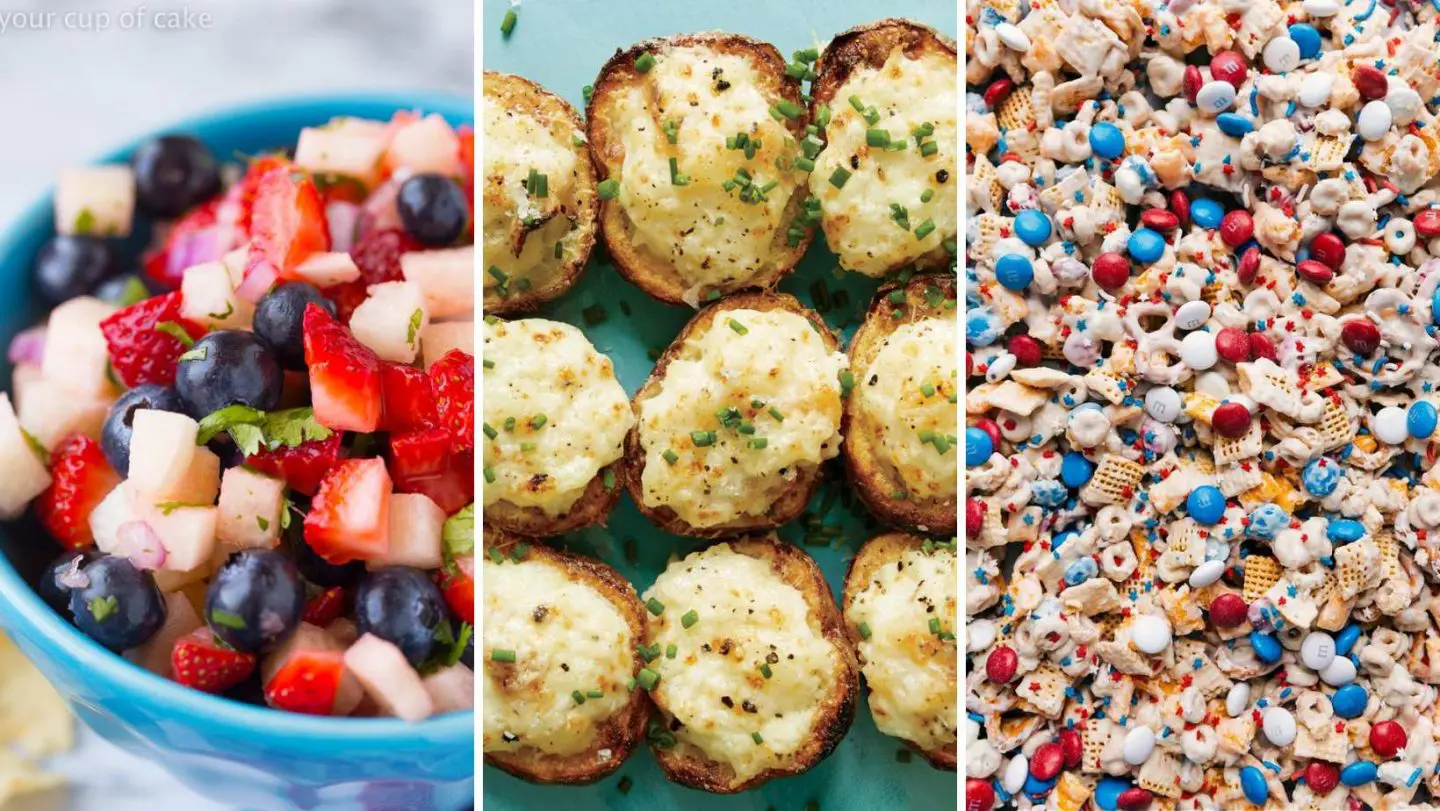 4th of july foods - fruit salad, potato salad bites, and july snack mix